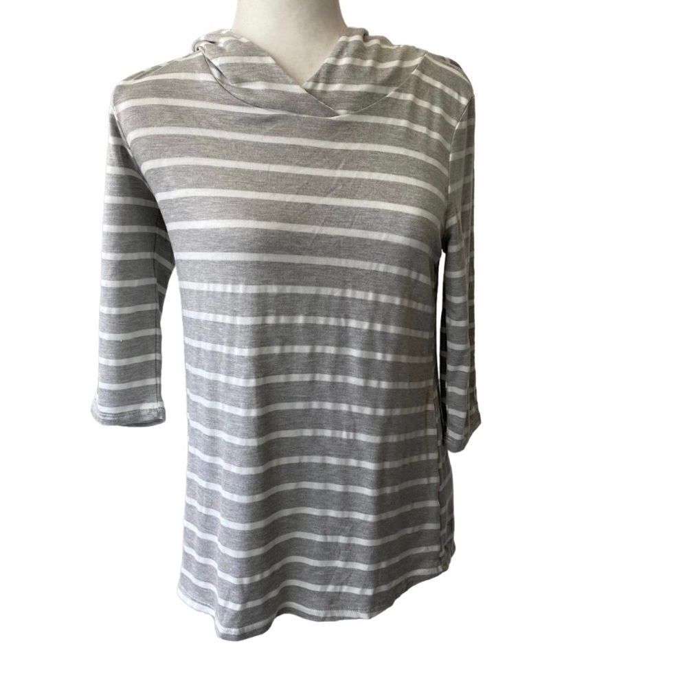 Miami for Francescas Pullover Hoodie Shirt Lace Detail Gray White Striped SZ S